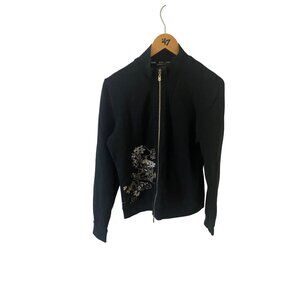 BCBGMaxazria Women's Black Embroidered Long Sleeve Full Zip Sweater - Large